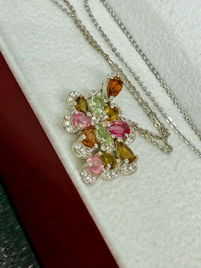 Multi-Tourmaline & White Zircon Pendant with Chain