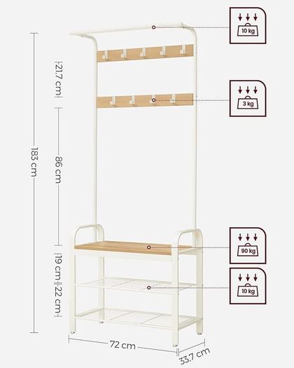 coat rack, wardrobe, shoe rack with seat, clothes rack with 9 removable hooks, bench seat, 2 grid shelves, 183 cm high, industrial design,