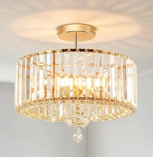 Gold Crystal Ceiling Lights,3-Light Modern LED Chandeliers Fitting,Industrial Crystal Semi Flush Mount Ceiling Lighting for Hallway Living Room Kitchen Bathroom,Dia 36.5cm E27 Base