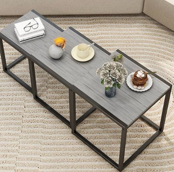 Wooden Nesting Tables Set of 3 Coffee Table, Stacking Side End Tables for Living Room, Grey