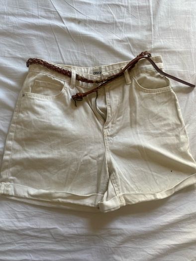 ONLY White High-Waisted Denim Shorts with Braided Belt