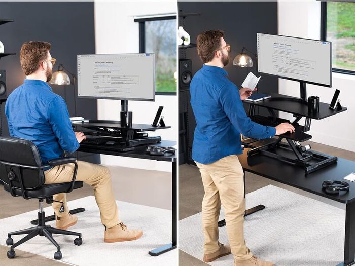 91cm Electric Motor Desk Converter Height Adjustable Riser Sit to Stand Dual Monitor and Laptop Workstation with Wide Keyboard Tray Black DESK-VE36B