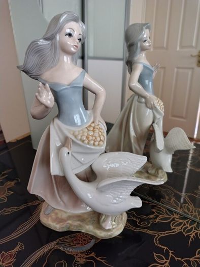 Large Vintage Girl with Goose Figurine by Tengra