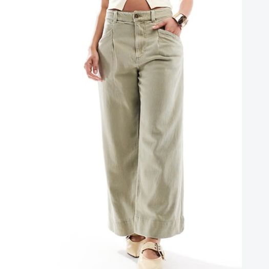 ASOS DESIGN Washed Khaki Laundered Cropped Wide Leg Trousers Pants - UK 10 12