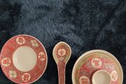 Vintage Jingdezhen Mun Shou Longevity Porcelain Rice Bowl Set, Red Famille Rose, 1960s/70s