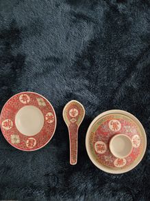 Vintage Jingdezhen Mun Shou Longevity Porcelain Rice Bowl Set, Red Famille Rose, 1960s/70s