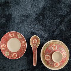 Vintage Jingdezhen Mun Shou Longevity Porcelain Rice Bowl Set, Red Famille Rose, 1960s/70s