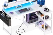 L Shaped Gaming Desk with LED Lights, 100 x 70 cm Computer Desk with Power Outlet