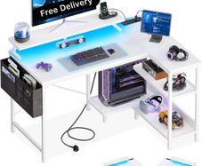 L Shaped Gaming Desk with LED Lights, 100 x 70 cm Computer Desk with Power Outlet
