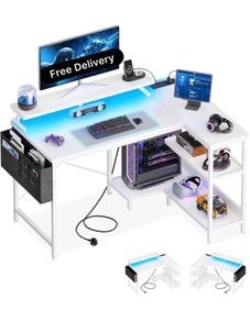 L Shaped Gaming Desk with LED Lights, 100 x 70 cm Computer Desk with Power Outlet