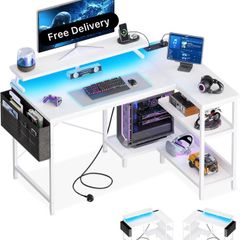 L Shaped Gaming Desk with LED Lights, 100 x 70 cm Computer Desk with Power Outlet