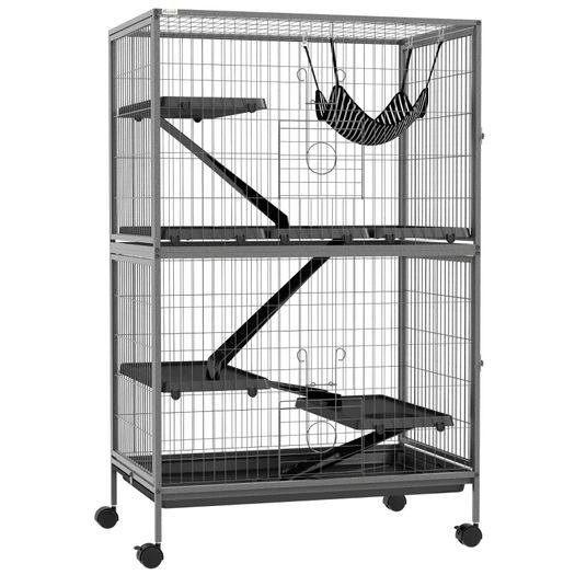 Small Animal Cage for Chinchilla Ferret Kitten on Wheels with Hammock Removable Tray, Grey