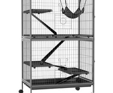 Small Animal Cage for Chinchilla Ferret Kitten on Wheels with Hammock Removable Tray, Grey