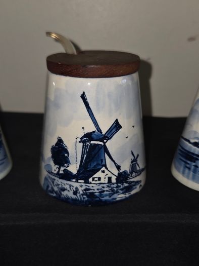 Vintage Delft Blue Salt and Pepper Shakers with matching Sugar Bowl