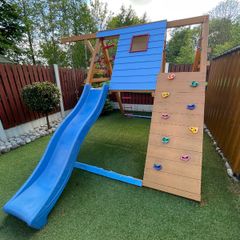 Wooden Playhouse with slide & swings