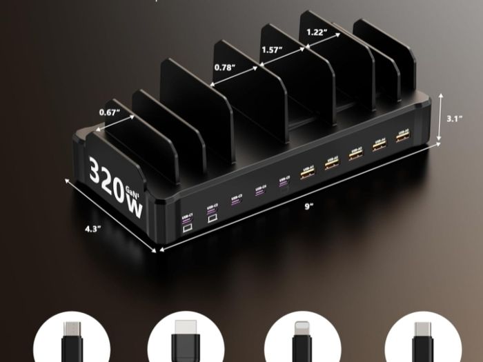 320W GaN Charging Station for Multiple Devices, 10 Cables, Black  10-Port USB-C Charger with Dual 65W PD Laptop Charging, 5 USB-C & 5 USB-A, Desk Organizer for MacBook, iPhone, iPad & Tablets