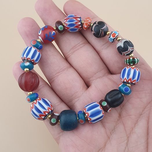 Vintage Venetian style Mix Chevron & Trade Glass beads Bracelet