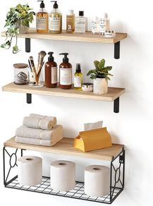 FREE SHIPPING Floating Shelves with Wire Strorage Basket, Paulownia Wood Bathroom Shelves for Home Organization & Wall Decor, Bathroom/Kitchen/Living Room/Office Shelves, Set of 3+1, Natural