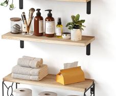 FREE SHIPPING Floating Shelves with Wire Strorage Basket, Paulownia Wood Bathroom Shelves for Home Organization & Wall Decor, Bathroom/Kitchen/Living Room/Office Shelves, Set of 3+1, Natural