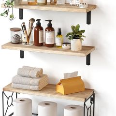 FREE SHIPPING Floating Shelves with Wire Strorage Basket, Paulownia Wood Bathroom Shelves for Home Organization & Wall Decor, Bathroom/Kitchen/Living Room/Office Shelves, Set of 3+1, Natural
