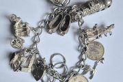 Vintage Irish Sterling Silver 14pc Charm Bracelet, Thomas O'Connor Charm Maker. Inc 1942 Pre Decimal Threepence, Dated Heart Padlock, Dublin Hallmarked