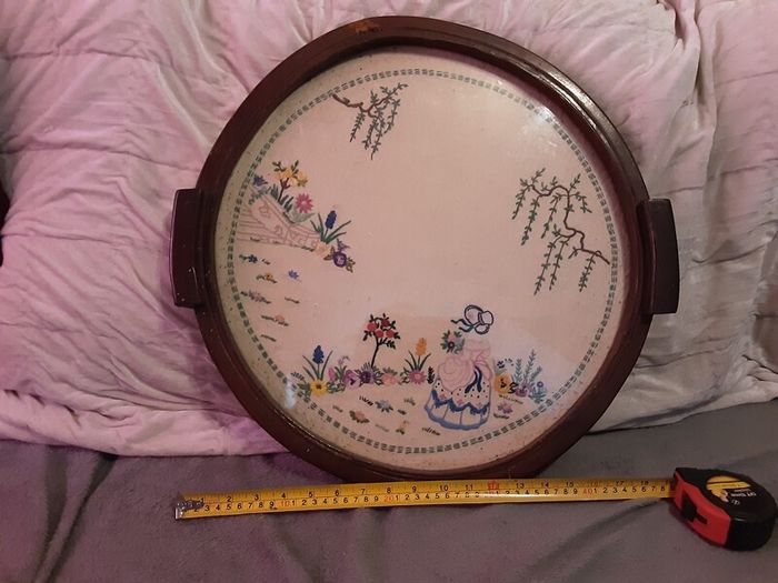 vintage mahogany embroidered tray