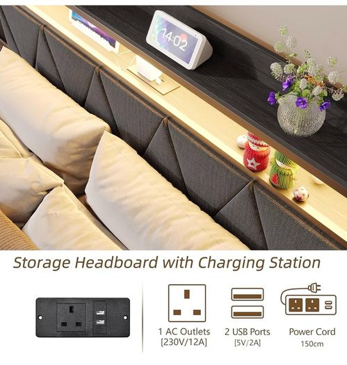 Charging Station,LED Lights, 150x200 cm Heavy Duty Metal Platform Bed Kingsize