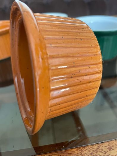 Vintage Mixed Set Emile Henry Ramekins Brown and Green Ribbed Oven to Tableware Set of 6 1980s 2000s