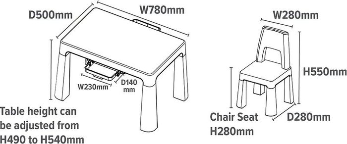 Kids White and Grey Height Adjustable Table and 2 Chairs, 49-54cm H x 50cm W x 78cm D