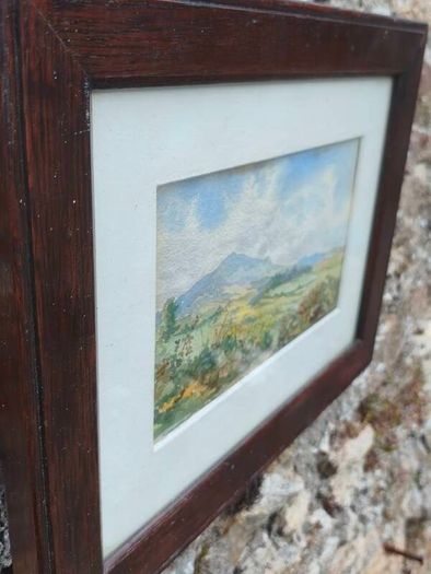 Original Watercolor Countryside Landscape Painting in Dark Wood Frame (Matted)