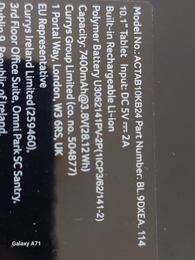 ACER 10.1 inch Tablet, Model ACTAB10KB24, FRP Pin Locked, with Keypad Hard Cover