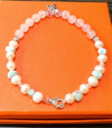 Larimar and Pearl silver bracelet with butterfly pendant
