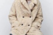 Zara Faux Fur Shearling Coat Ecru/Beige Size L