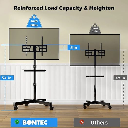 Mobile TV Stand on Wheels, Rolling TV Cart with Media Shelf, TV Mount Stand with Tilt, 2 Level Height Adjustable Low Profile Design for 23 60in LED/LCD/OLED TVs, Holds 25kg, Max VESA 400x400mm