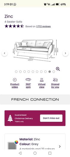 French Connection DFS Zinc Grey 4 seater couch and armchair set