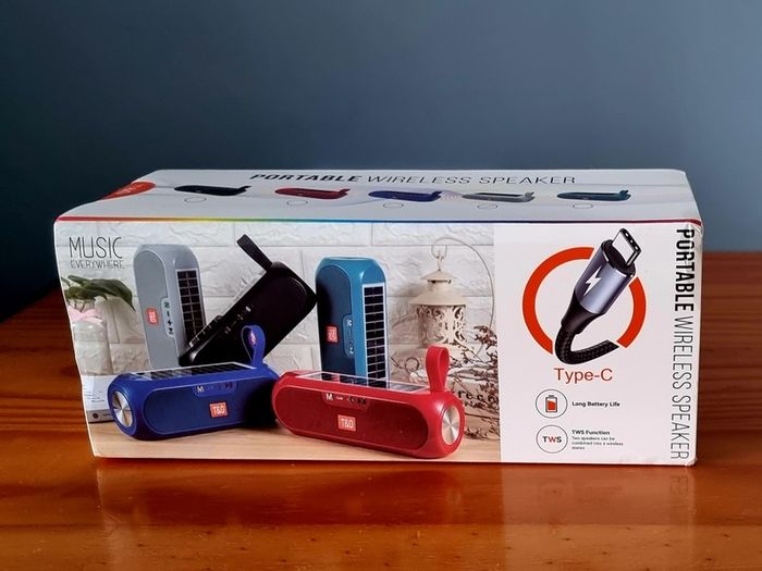 T&G 10W Solar Powered Wireless Speaker, 5.0 Surround Sound, Dual Speaker Columns, USB Type-C Charging, new, unopened.