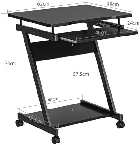 Mobile Computer Desk Z-Shaped with Sliding Keyboard Wood PC Table Laptop Desk Furniture Study Workstation for Home Office, Black, 60 x 48 x 73 cm
