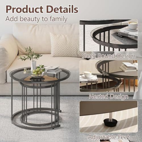 Round Coffee Tables, Set of 2 End Table, Nesting Tables, Side Table with Metal Frame