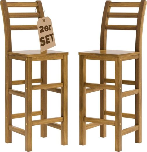 Set of 2 Natural Acacia Wood Bar Stools with Backrest  Perfect for Kitchen, Bar, or Garden