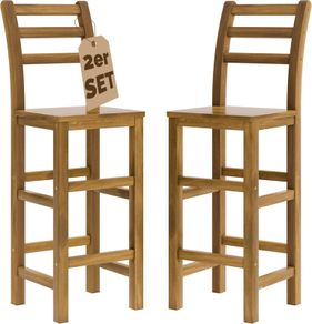 Set of 2 Natural Acacia Wood Bar Stools with Backrest  Perfect for Kitchen, Bar, or Garden