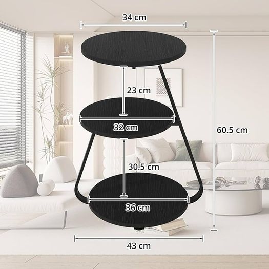 Side Table, Small Round Coffee Table with 3 Color LED Lights, End Table with 3 Tier Storage Shelves, Bedside Sofa Side Tables for Living Room Bedroom, Black