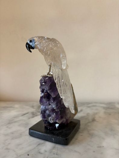 Clear Quartz Parrot on Deep Purple Amethyst Geode Base