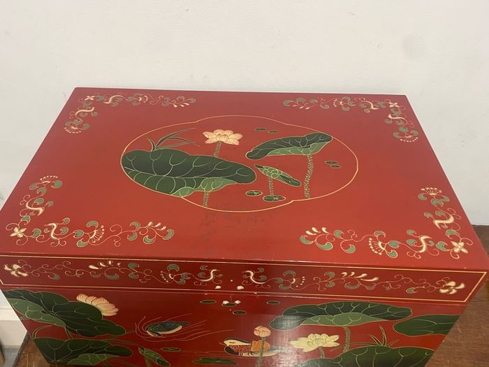 Large Chinese Style Red Lacquered Storage Chest, Hand Painted Design