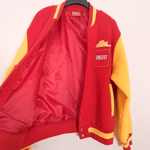 Spreadshirt Cheez It Red Yellow Varsity Bomber Jacket Size M