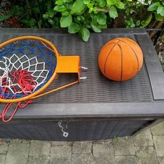 Basketball and basketball hoop