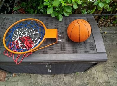 Basketball and basketball hoop