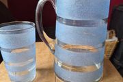 Vintage mid-century frosted blue &amp; clear striped glass lemonade jug &amp; glass