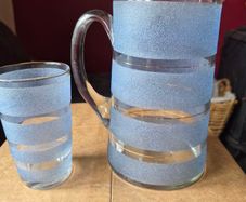 Vintage mid-century frosted blue & clear striped glass lemonade jug & glass