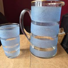 Vintage mid-century frosted blue & clear striped glass lemonade jug & glass