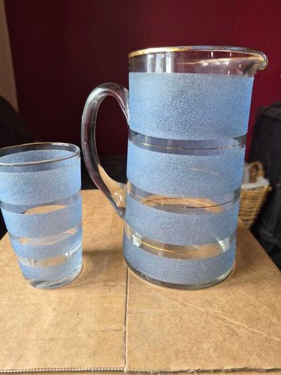 Vintage mid-century frosted blue & clear striped glass lemonade jug & glass